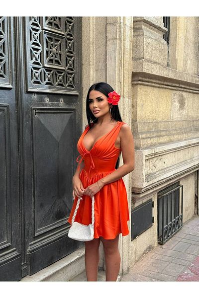 Stil Sepeti Rochie mini din satin pentru femei, cu decolteu în V, cu șireturi, cu umeri adunați, ELY-1000796120