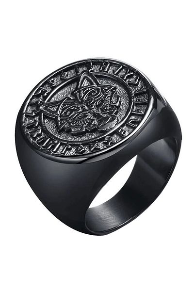 REDz Accessories Nordic Wolf Ring, Viking Runes, For Men, Wolf Head, Signet Type, Black Metal - Size 12 (72.3MM)