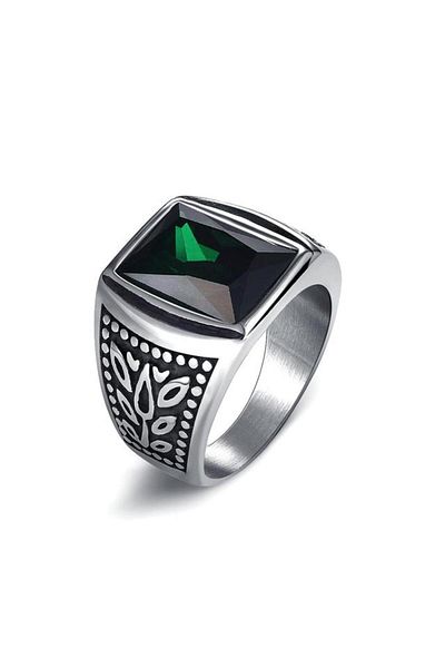 REDz Accessories Inel Ghiul, Piatră Verde și Model, Bărbați, Oțel Inoxidabil, Design Moda, Argint - Mărime 8 (62mm)
