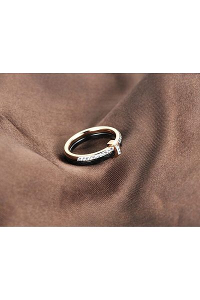 REDz Accessories Women's Ring Ceramic, Crystals, Black/rose-gold - Size 7 (59MM)