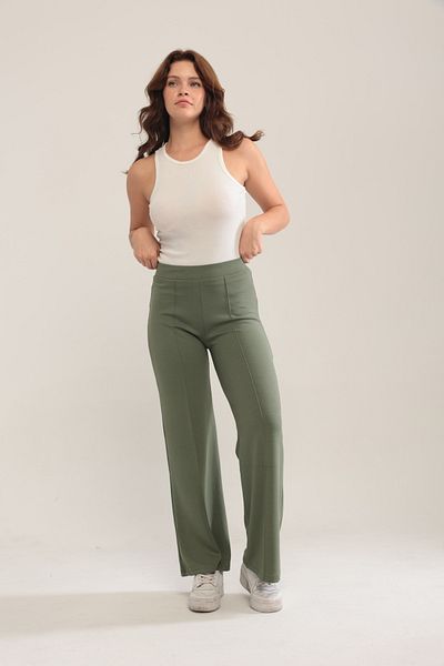 XORVİO Women's Khaki Color Wide Leg Modal Fabric Leggings Trousers Soft Textured Lycra Front Ribbed Wide Fit