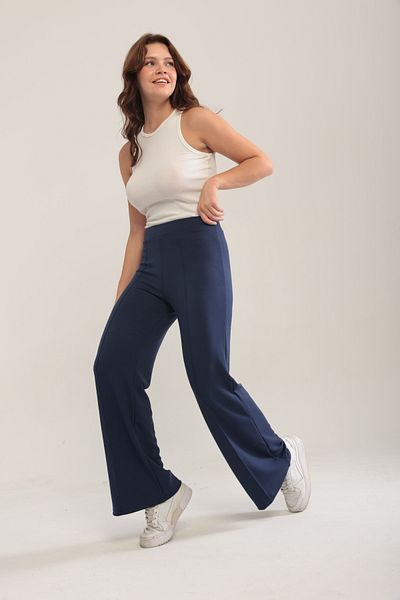 XORVİO Women's Navy Blue Wide Leg Modal Fabric Leggings Trousers Soft Textured Lycra Front Ribbed Wide Fit