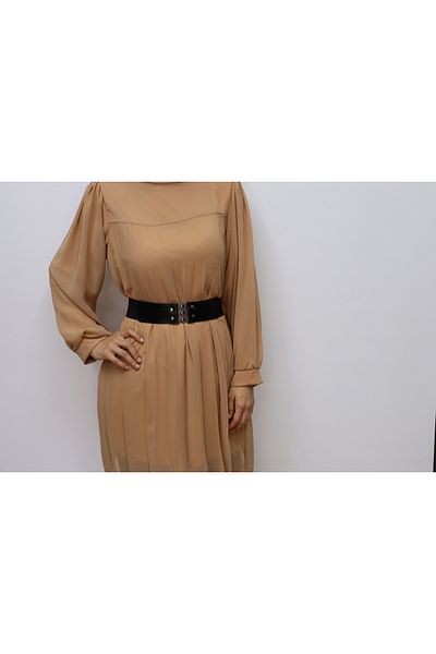 trendhazan A Quality Pleated 90cm Long Lined Belted Chiffon Tunic