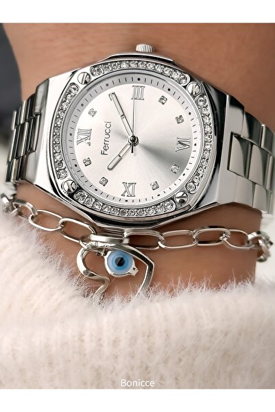 Ferrucci Silver Color Steel Band, Waterproof, Guaranteed, Women's Wristwatch Bracelet