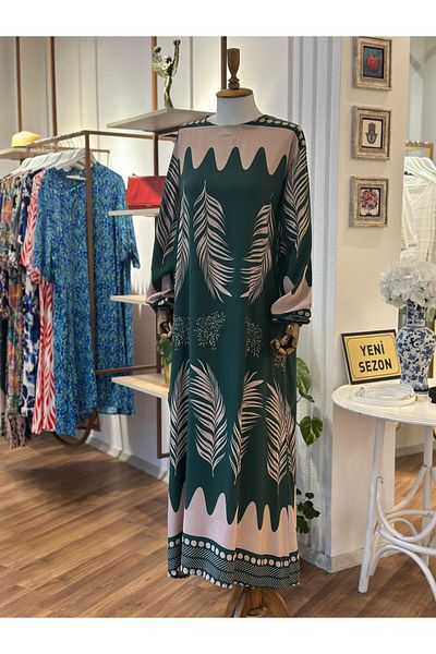 Unique Boutique Green Patterned Long Sleeve Cotton Viscose Fabric Large Size Dress