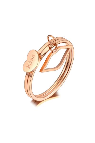 REDz Accessories Set of 2 rings for Women, Kiss and Lips, Stainless-Steel, Rose-Gold - Size 6 (57mm)