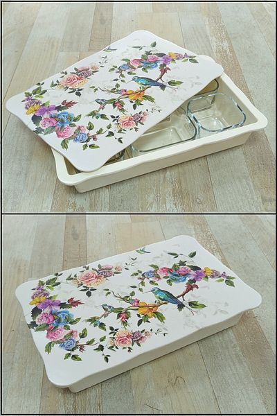 Pinkev 6-Piece Glass Breakfast Bowl Set with Melamine Tray - Bird Patterned