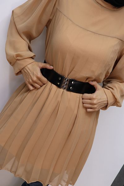 trendhazan A Quality Pleated 90cm Long Lined Belted Chiffon Tunic
