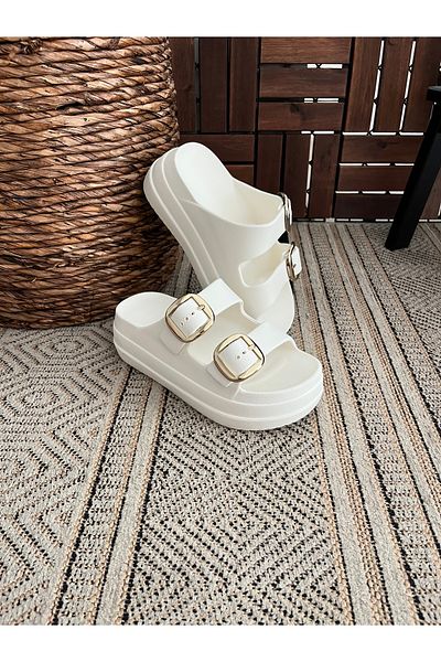 Behtah Kundura High Double Buckle Thick Soled Slide Slippers Garden Beach Pool Sea Summer Daily Slippers