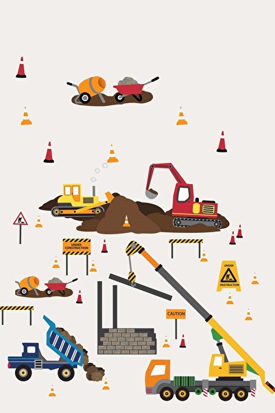 KT Decor Set de autocolante de perete pentru camera băieților cu mașini de construcții pentru șantier