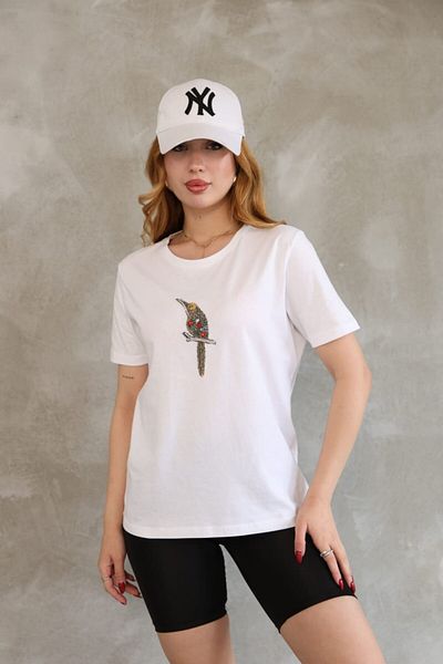 Denivy Stone Embroidered Bird Motif Basic T-Shirt Dnv-000099