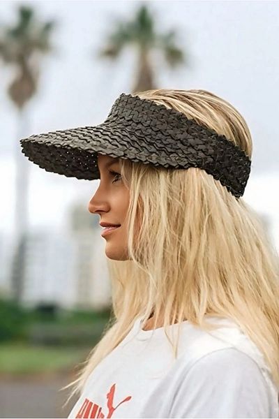 BALIENTE Black Hand Knitted Straw Visor Tenisci Women's Hat