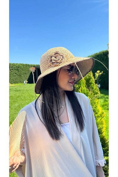 MARBERRY Camel Flower Hand Knitted Straw Bucket Women's Hat