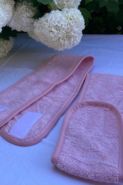 Mokita Home Hair Band Set of 2 Pink Sports Bandana Towel Women & Men Makeup Yoga Spa Velcro Tape Bias