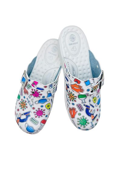 GEZER Women's Medical Clogs, Sanitary, Medical Print, Eco-Leather, 39 EU, White