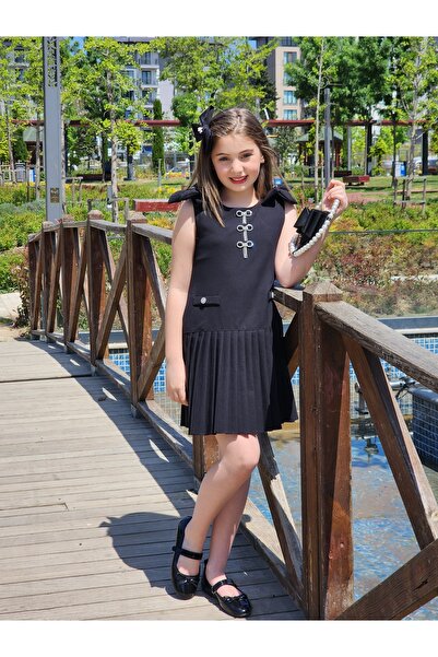 N.S.K NEWSTAR KİDS ÇANTALI FİYONKLU PİLELİ BROŞ AKSESUARLI KIZ ÇOÇUK ELBİSE