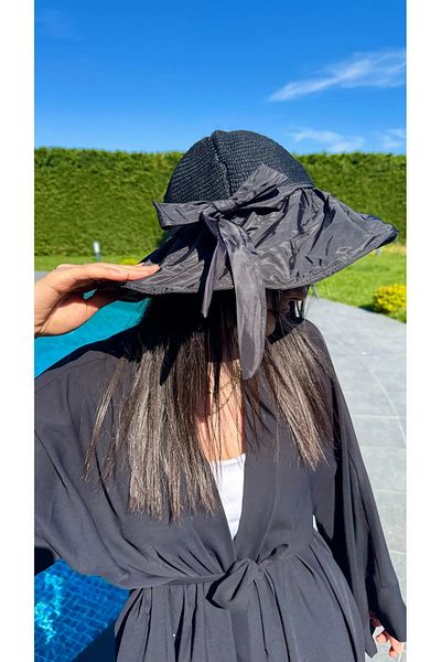MARBERRY Black Fabric and Hand Knitted Straw Bucket Women's Hat