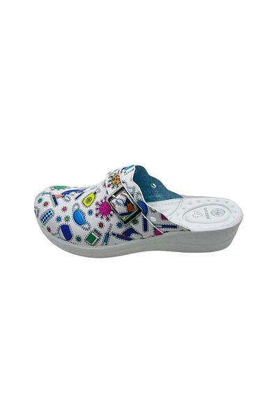 GEZER Women's Medical Clogs, Sanitary, Medical Print, Eco-Leather, 39 EU, White