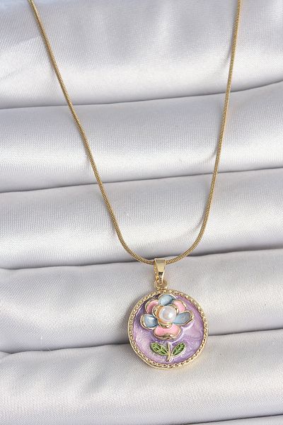 Skygo 316L Steel Gold Color Chain Purple Flower Embroidered Pearl Portrait Model Detail Women's Necklace - Tj-Bko10086