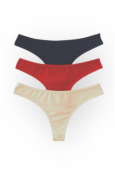 LİBELLA İÇ GİYİM 100% Cotton Women's Thong Panties 3 Pack – Beige, Navy Blue and Red Colors
