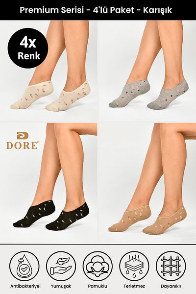 Dore Original Women's 4 Pairs Mixed Color Set Premium Cotton Anti-Sweat Invisible Ballerina Socks Set