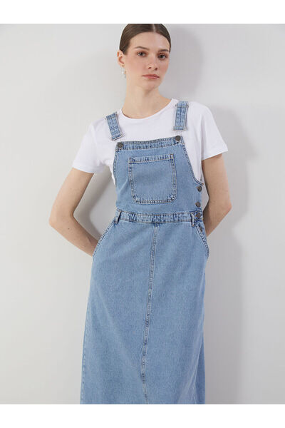 LC Waikiki Kare Yaka Düz Askılı Kadın Jean Salopet Elbise