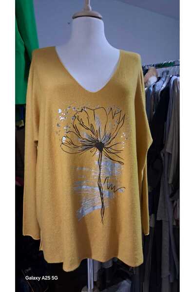 Z&A varak baskılı midi boy uzun kol V yaka triko bluz