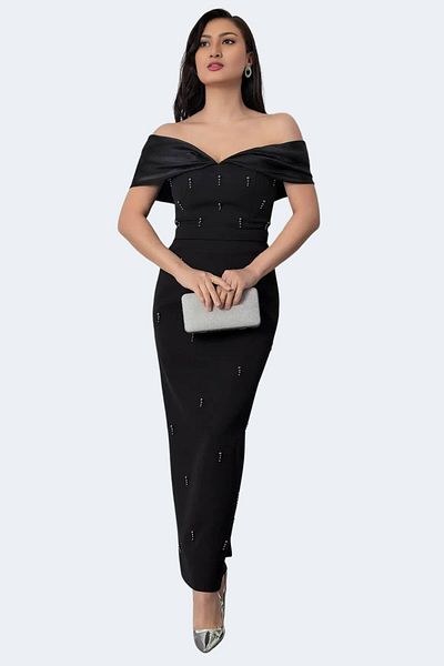 Moda Amore Special Collection – Μαύρο βραδινό φόρεμα με κέντημα με πέτρα και κομψό σχέδιο 405