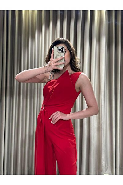 Kaleiçi Yıldızlar Kırmızı Beli Kemerli Yeni Sezon Abiye Elbise Tulum Ds1454 1454