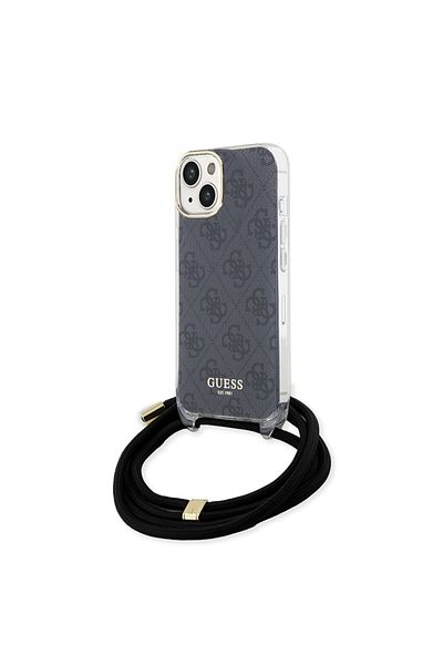 Guess Case For Iphone 15 With Cord, Crossbody Cord 4g Print, - Black