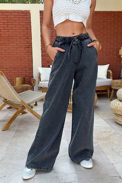 bacc Anthracite Elastic Waist Wide Leg Pocket Washed Jeans Bcbsk-25700-Kt-0088