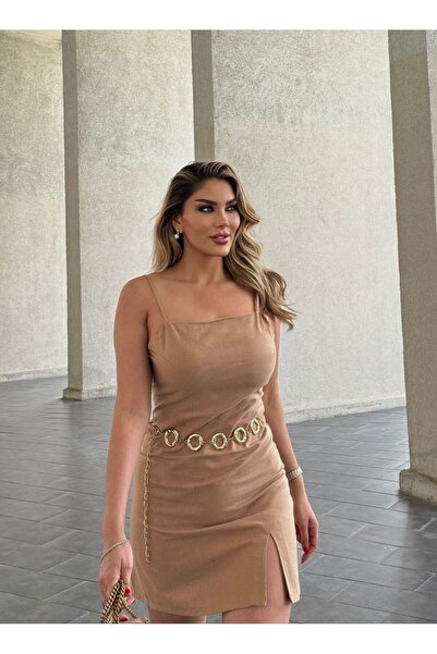 ERICA DONNA İP ASKILI YIRTMAÇ DETAY KETEN MİNİ TAŞ ELBİSE