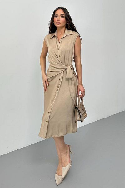 Moda Amore Rochie de birou de vară pentru femei - Lungime midi fără mâneci cu detaliu nod 040