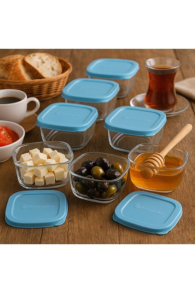 AYBABA STORE Set of 6 Glass Storage Containers 275ml – Blue Lid, Breakfast and Food Storage Container & Serving Bowl
