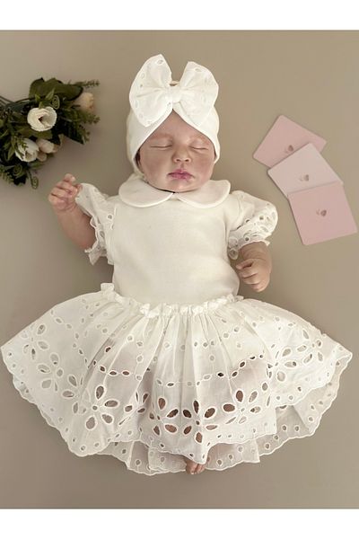 Mama Miel Baby Scallop Sleeve Six Body Baby Dress Set |   Lace Puff - Sleeve Cotton Dress with Built-In Bodysuit
