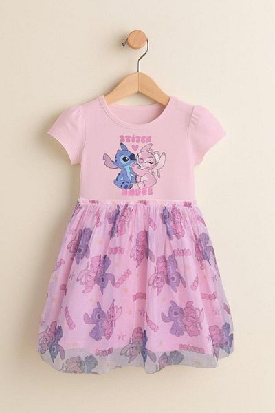 Magu Girl's Cotton Pink Stitch and Angel Printed Tulle Skirt Dress