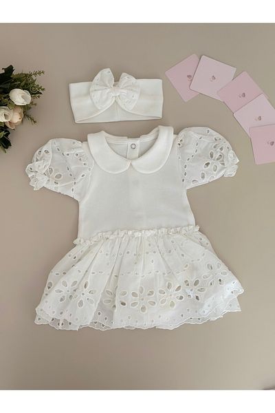Mama Miel Baby Scallop Sleeve Six Body Baby Dress Set |   Lace Puff - Sleeve Cotton Dress with Built-In Bodysuit