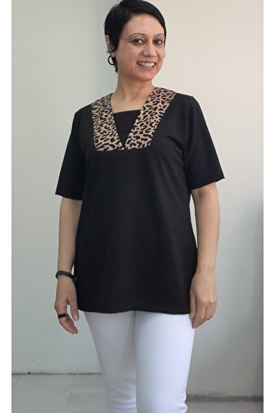 Mertcan Butik Black Collar Leopard Garnish Short-Sleeve Combed Viscose T-Shirt