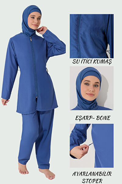 myfirstsea Kadın Düz Renk Tesettür Mayo Pantolon Bone Eşarp Tunik Tam Set 4 P...
