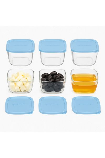 AYBABA STORE Set of 6 Glass Storage Containers 275ml – Blue Lid, Breakfast and Food Storage Container & Serving Bowl