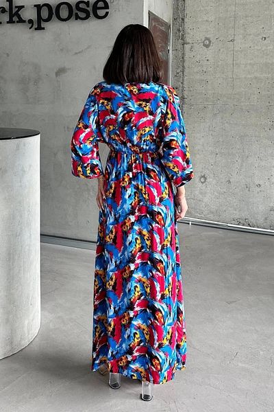 İntive Lingerie Rochie lungă latină cu mâneci liliac multicolore, cu decolteu în V, cu imprimeu floral albastru/roșu