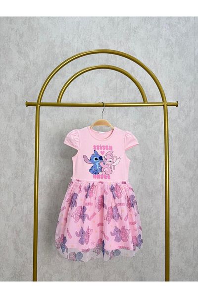 Magu Girl's Cotton Pink Stitch and Angel Printed Tulle Skirt Dress