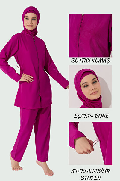 myfirstsea Kadın Düz Renk Tesettür Mayo Pantolon Bone Eşarp Tunik Tam Set 4 P...