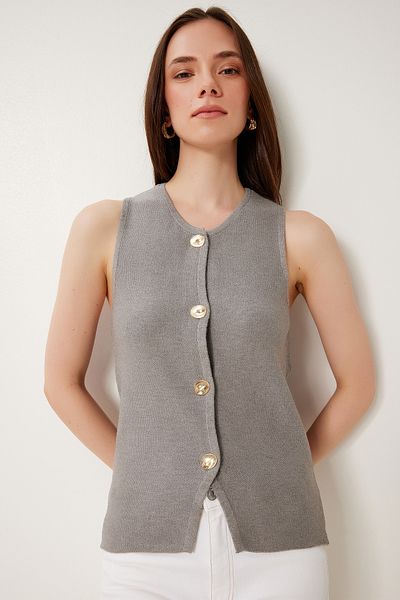 Lovelyİstanbul Stylish Buttoned Soft Textured Stretchy Knitwear Vest Gray Lus0139