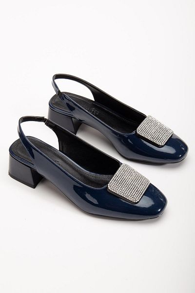 Dilimler Ayakkabı Large Size Women's Short Heeled Shoes Navy Blue Square Stone Open Heel