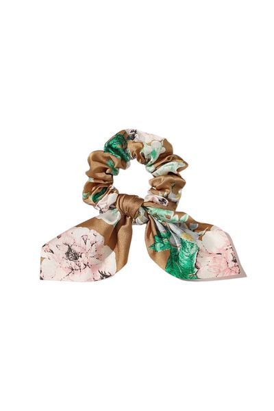 REDz Accessories Scrunchie Bow, Satin, Floral Pattern, Hair Elastic, Brown