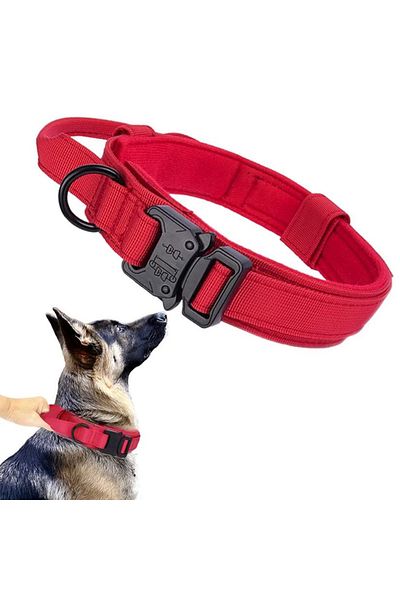 REDz Accessories Zgardă pentru câini Militari, Mâner de control, Mărime L, Închidere tip arici și cataramă, Textil, Roșu