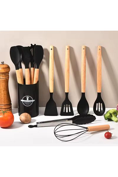 BKC HOME 13 Pieces Silicone Colander Scoop Beater Spoon Brush Spatula Tongs Serving Set Kitchenware with Bamboo Handle