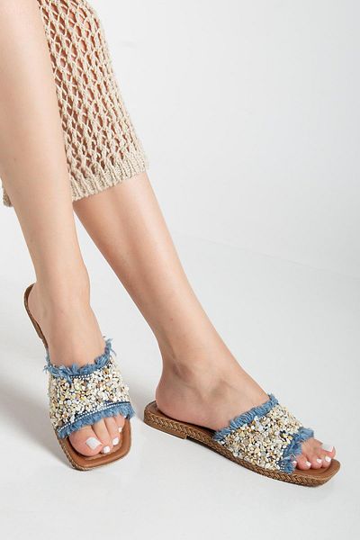 Dilimler Ayakkabı Papuci de damă cu toc plat Blue Stone Tassel Gros Tekband