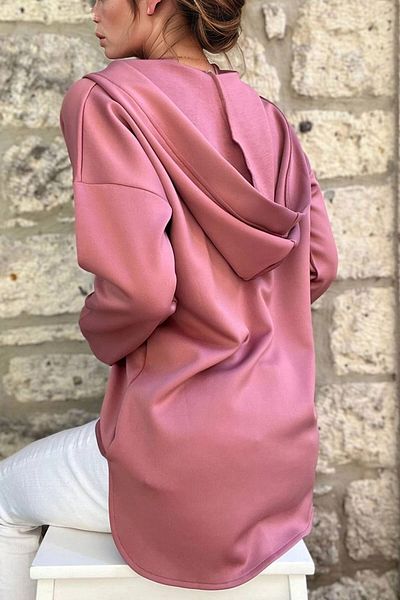 bacc Women's Dusty Rose V-Neck Hooded Long Back Scuba Loose Sweatshirt Bcbsk-25700-3506